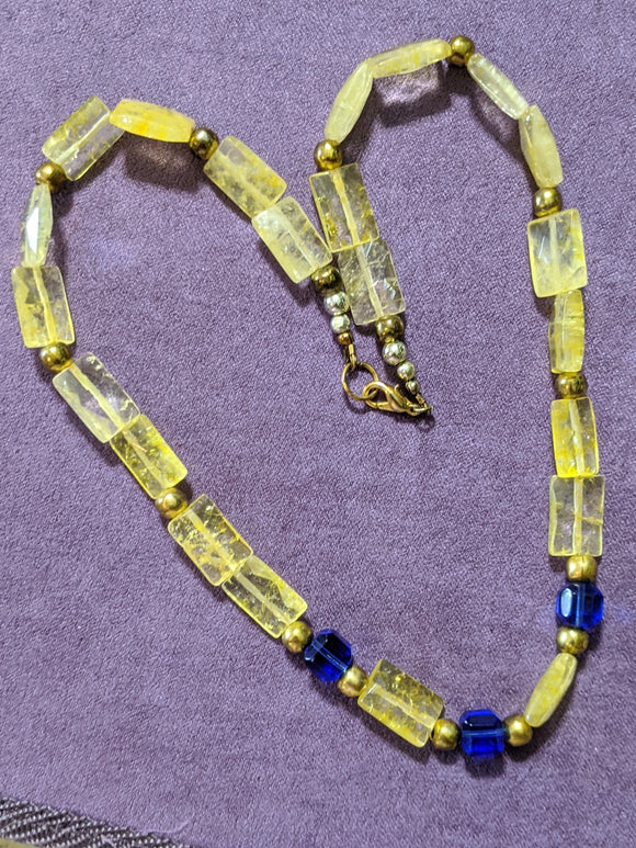 Yellow Facet Crackle & Blue Cube Necklace