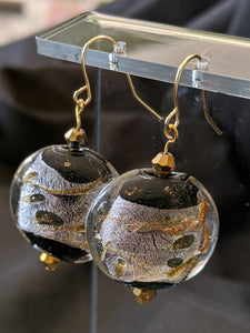 Black, Silver, Gold Glass Round Earrings