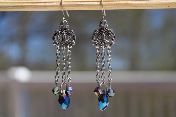 Silver & Iridescent Blue Chandelier Earrings