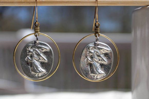 Gold & Pewter Angel Coin Earrings